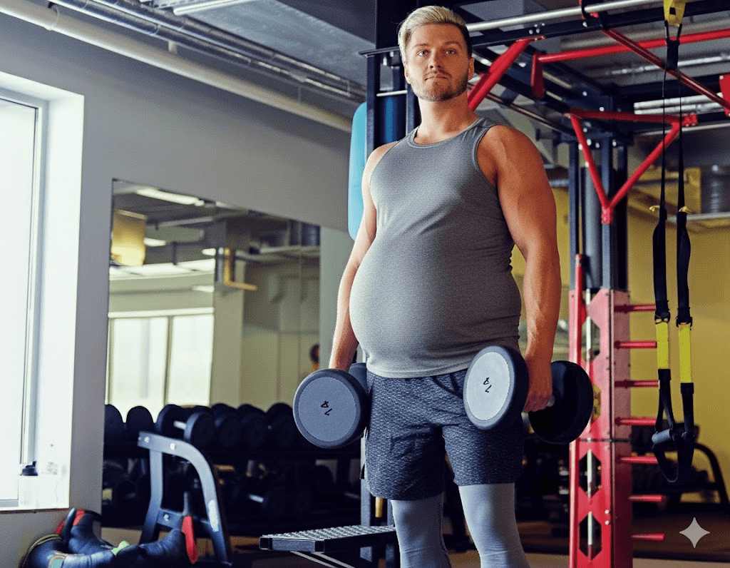 Man holding dumbbells in a gym.