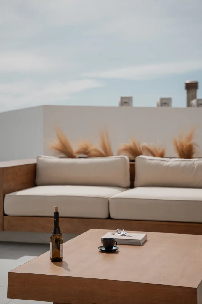 Terrace lounge with sea-light and linen, PNOES, Tinos, Greece, photographed by TERAMOK