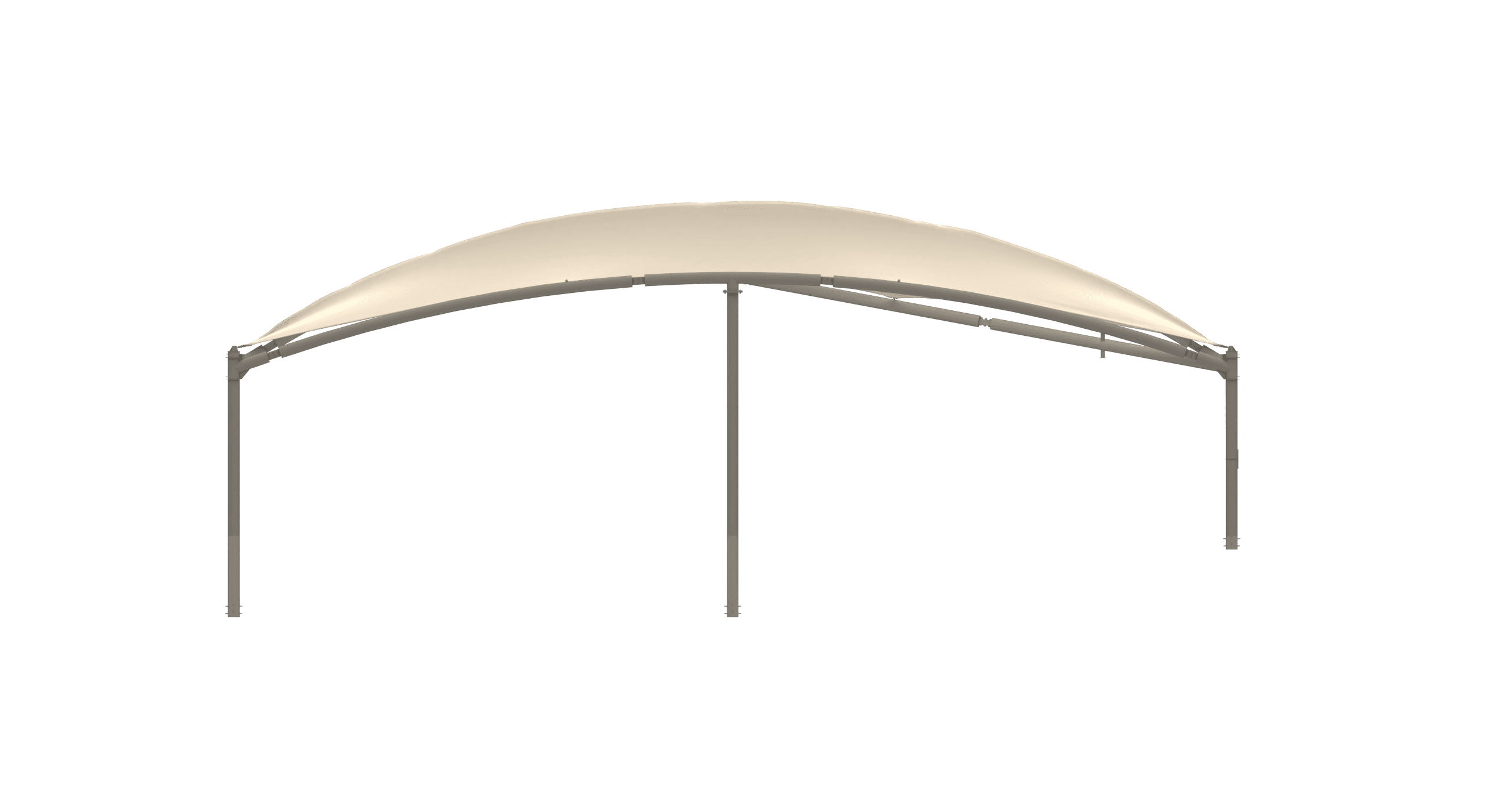 Side view: Roof construction on a frame with four curved, beige fabric panels.