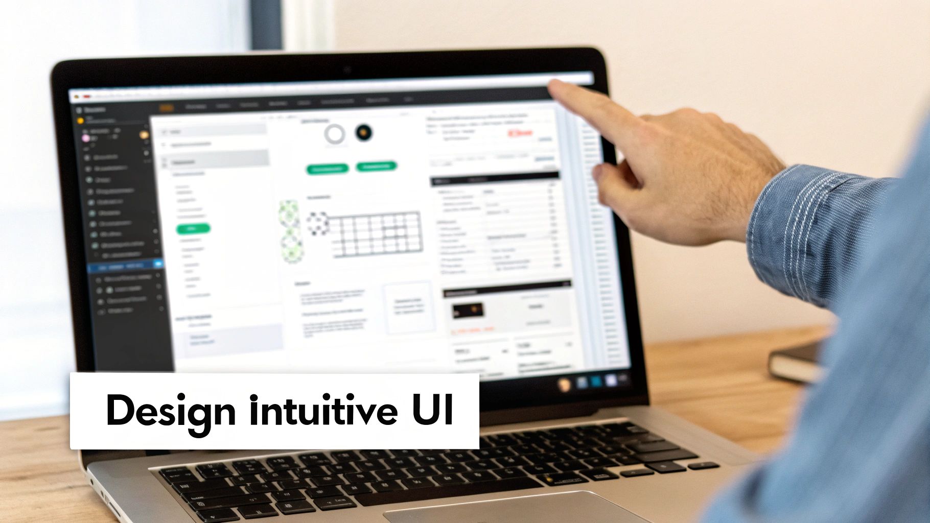 Person's hand pointing at a laptop screen showing an application interface with 'Design intuitive UI' text.