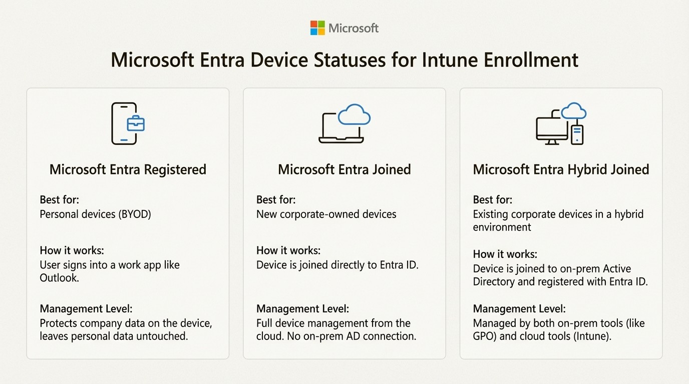 An infographic comparing Microsoft Entra registered, joined, and hybrid joined statuses to help choose the right way to enroll device Intune.