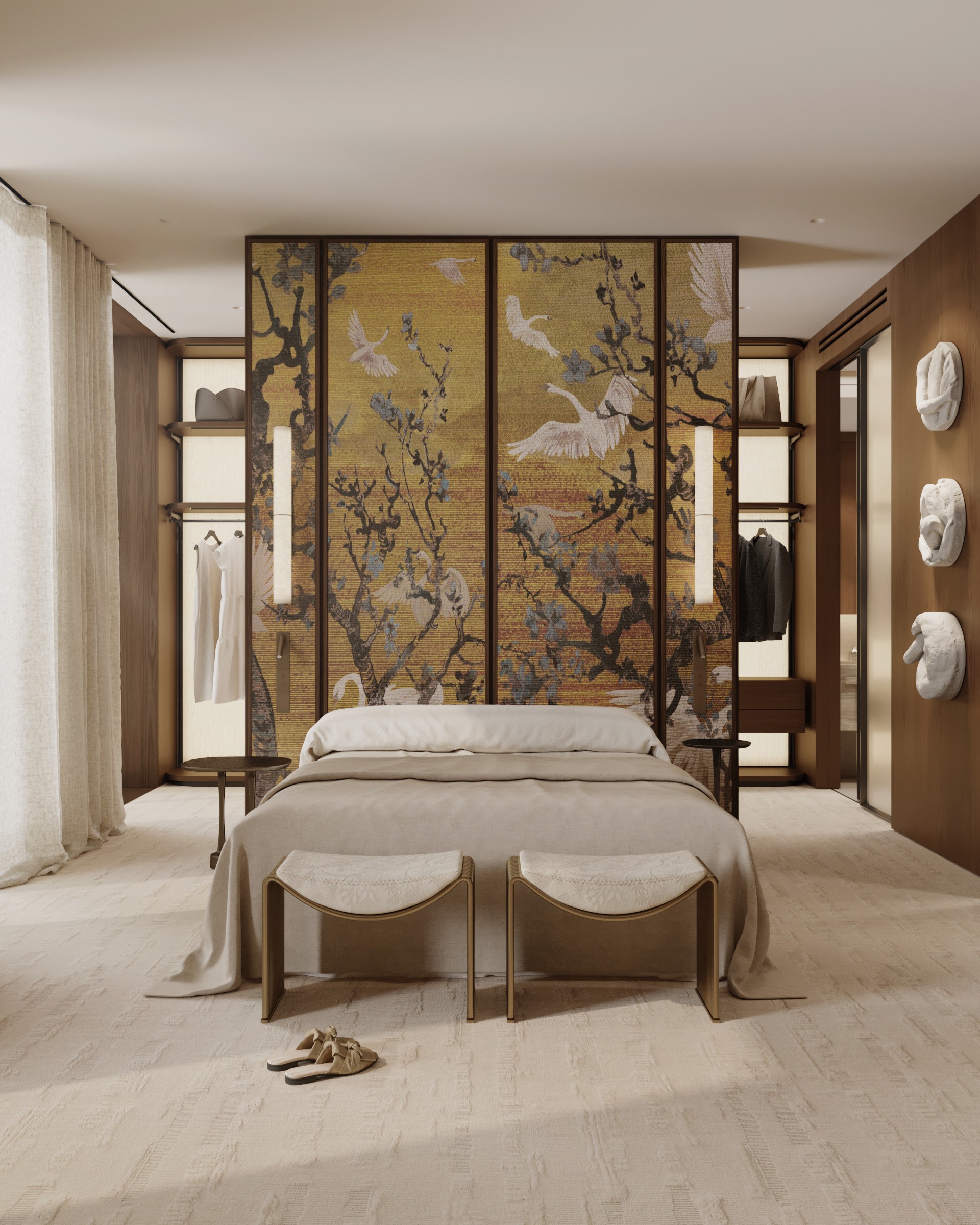 Modern bedroom interior featuring a large bed, wooden accents, and decorative wall panels. Soft, neutral tones dominate.