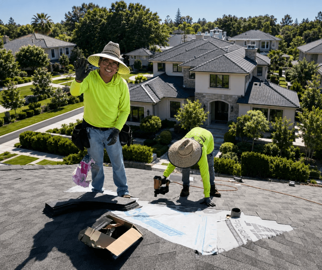 Local roofing crew on a home roof during a Roofs 4 Less service project