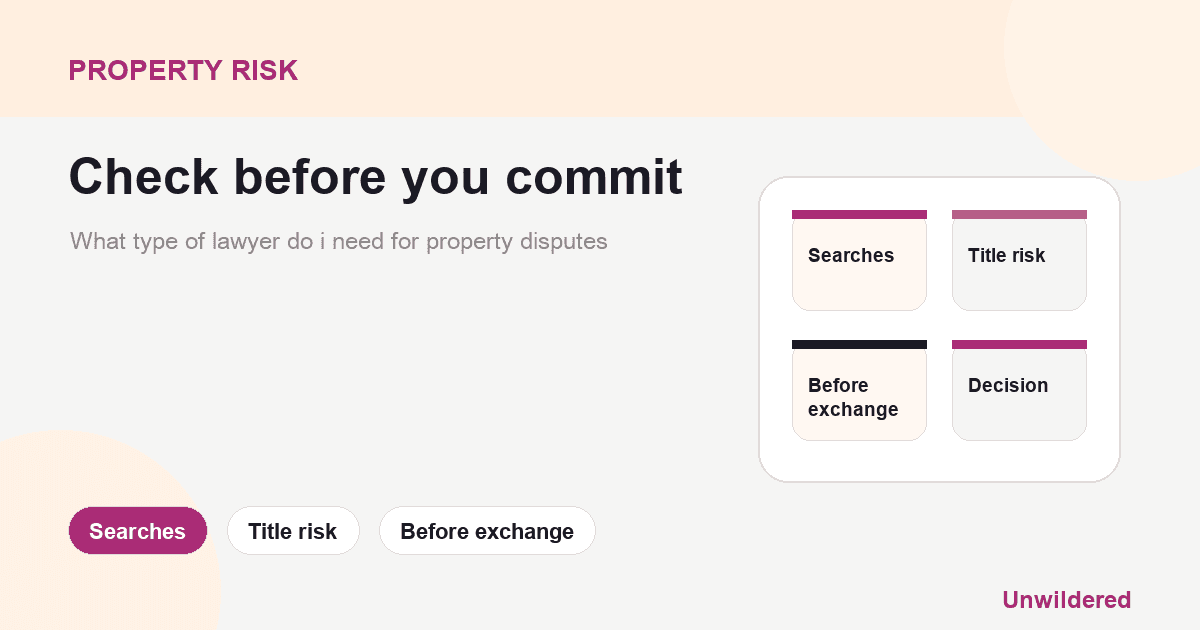 Explainer card for What type of lawyer do i need for property disputes: who to instruct and when: Searches, Title risk, Before exchange.