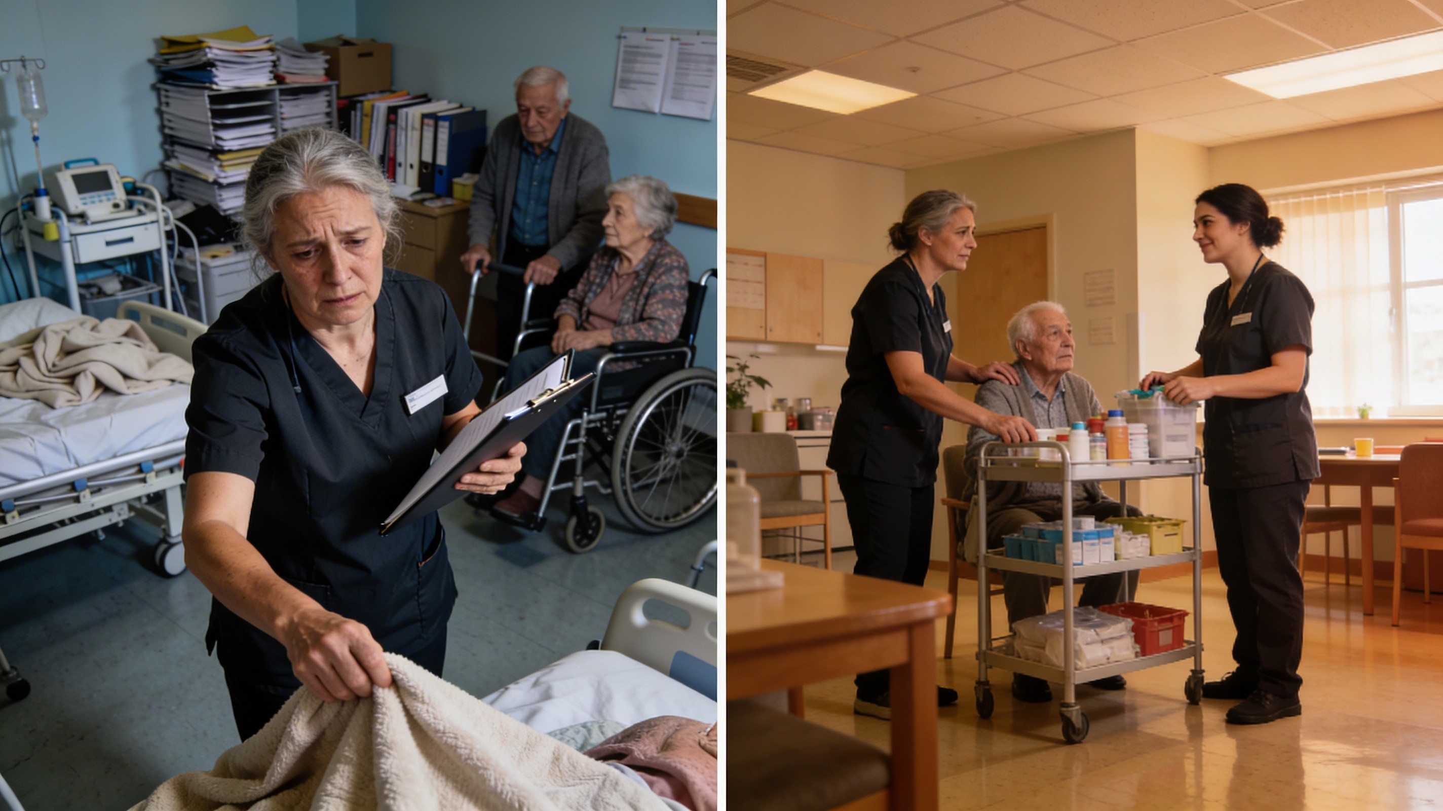 Aged care worker juggling multiple tasks with several elderly residents visible in background, cluttered environment,
