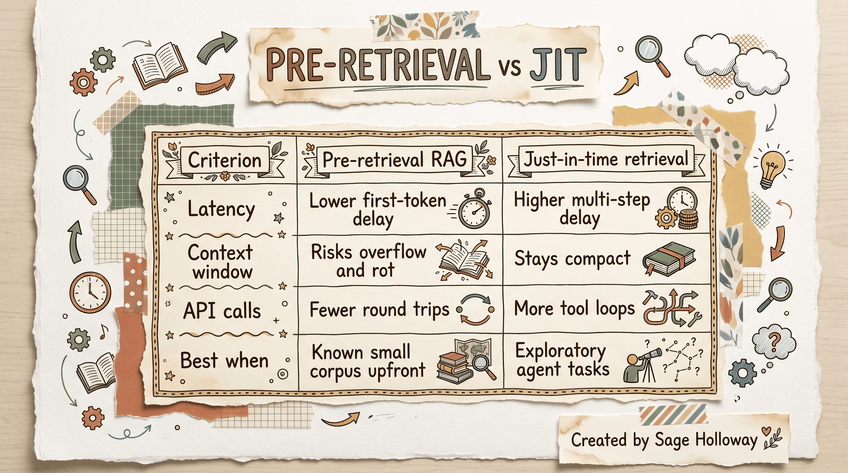 Table comparing pre-retrieval RAG and just-in-time retrieval on latency, window use, and API cost