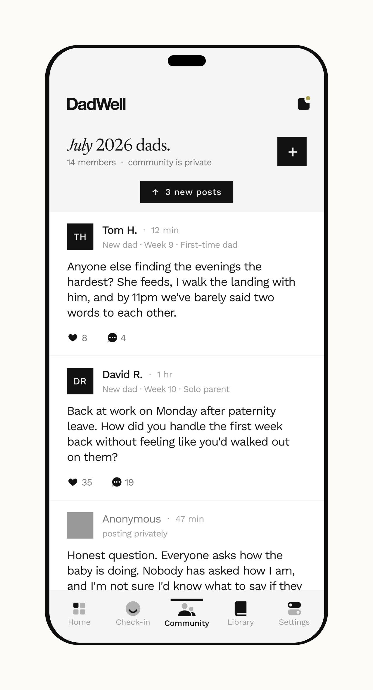 The community feed, where other fathers post