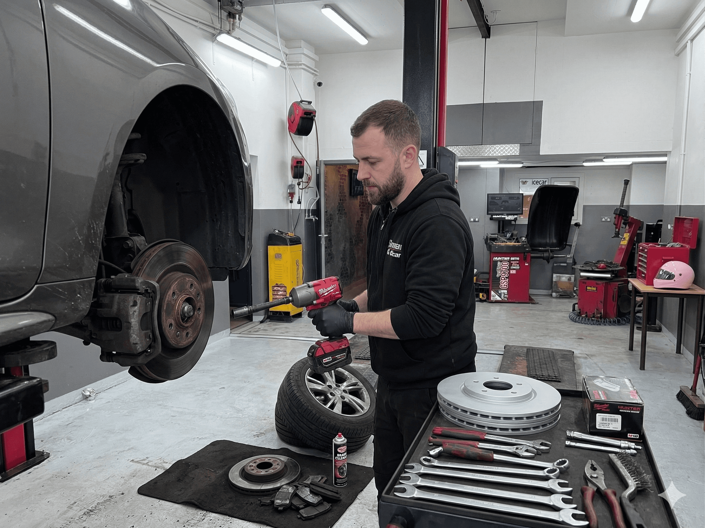 a garage filled with lots of different colored cars