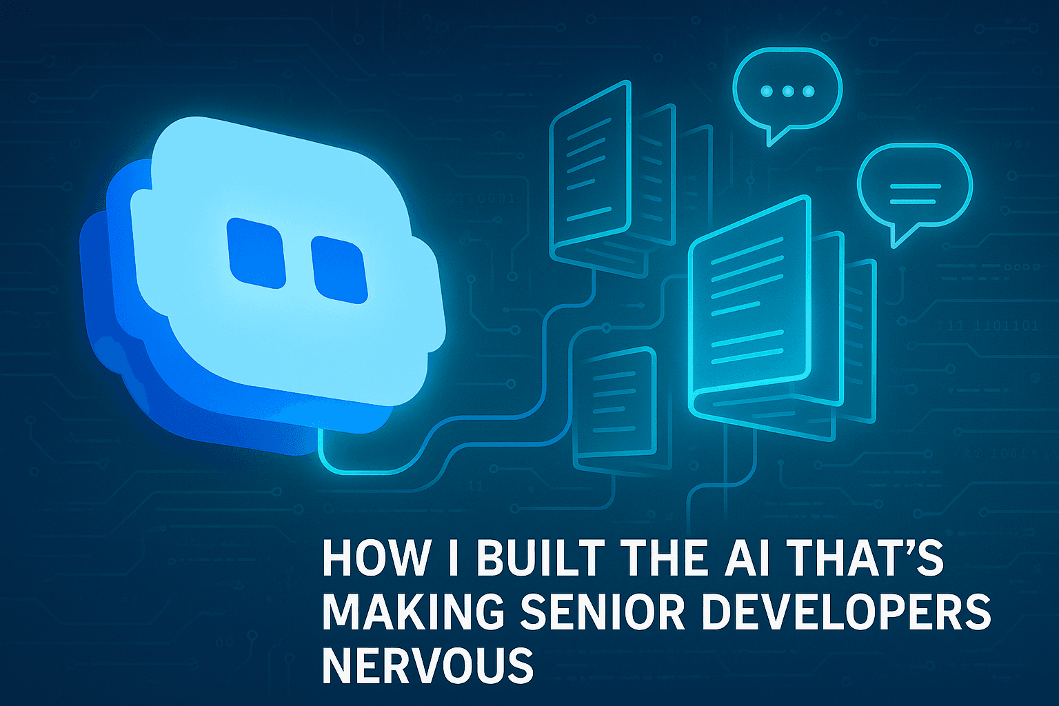 A tech illustration featuring the BotStacks logo (a white and blue 3D chat bubble) on the left side, connected by glowing lines to multiple stylized code documents and chat bubbles on the right. The documents appear to be communicating with each other, symbolizing AI conversing with code repositories. The dark blue background includes subtle circuit patterns, with the bold white text 'HOW I BUILT THE AI THAT'S MAKING SENIOR DEVELOPERS NERVOUS' positioned at the bottom. The image visually represents a chatbot that can interpret and interact with GitHub repositories.