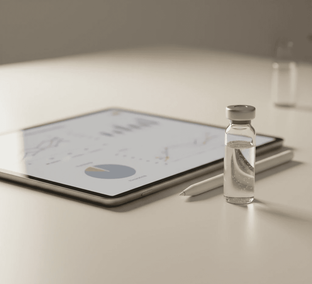 Elegant clinical desk scene on a cream surface with a tablet or clipboard showing soft blurred graphs and charts, a pen, and a single clear vial