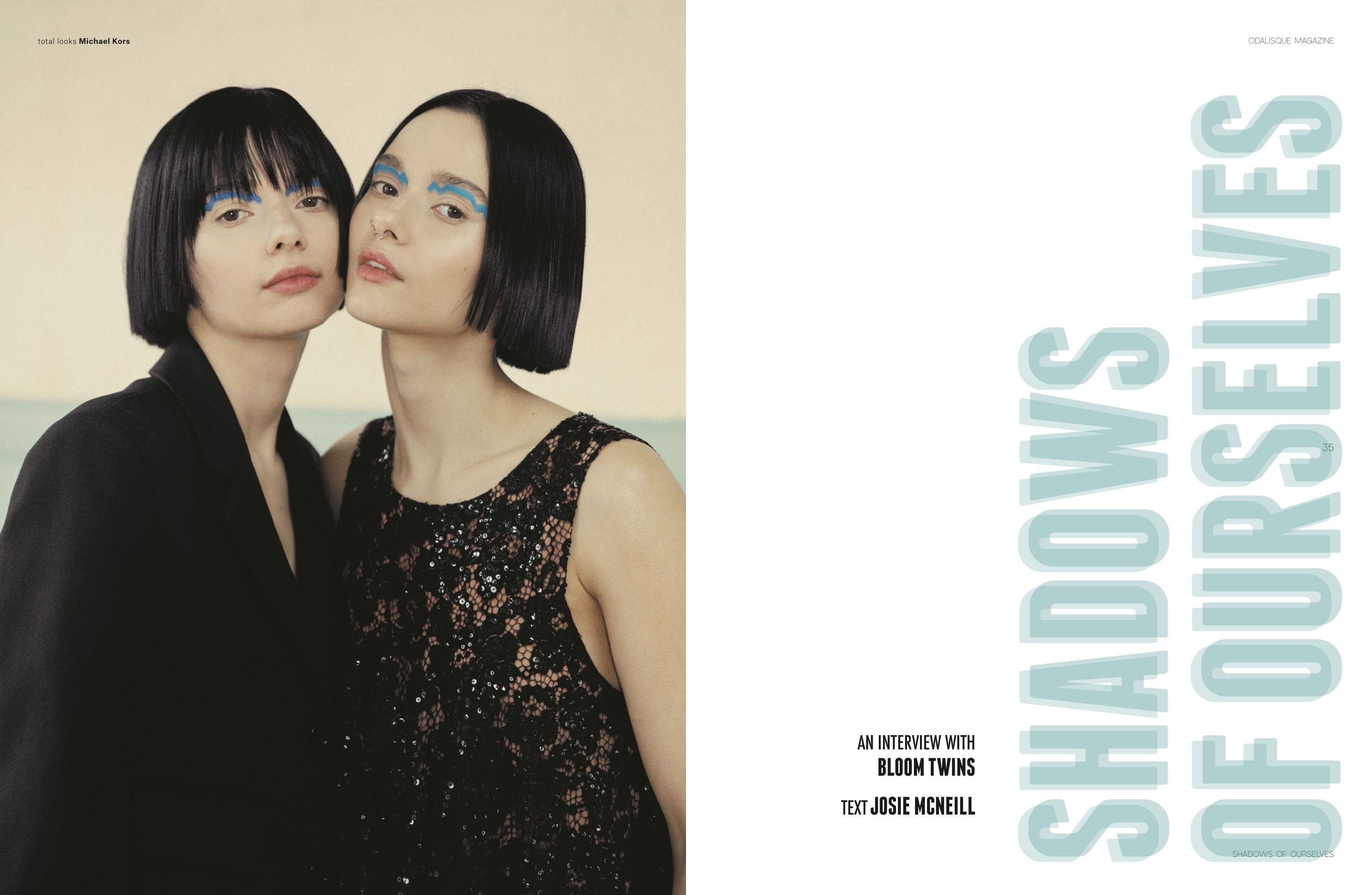 Bloom Twins portrait opposite a vertical mint-green headline on a white page.