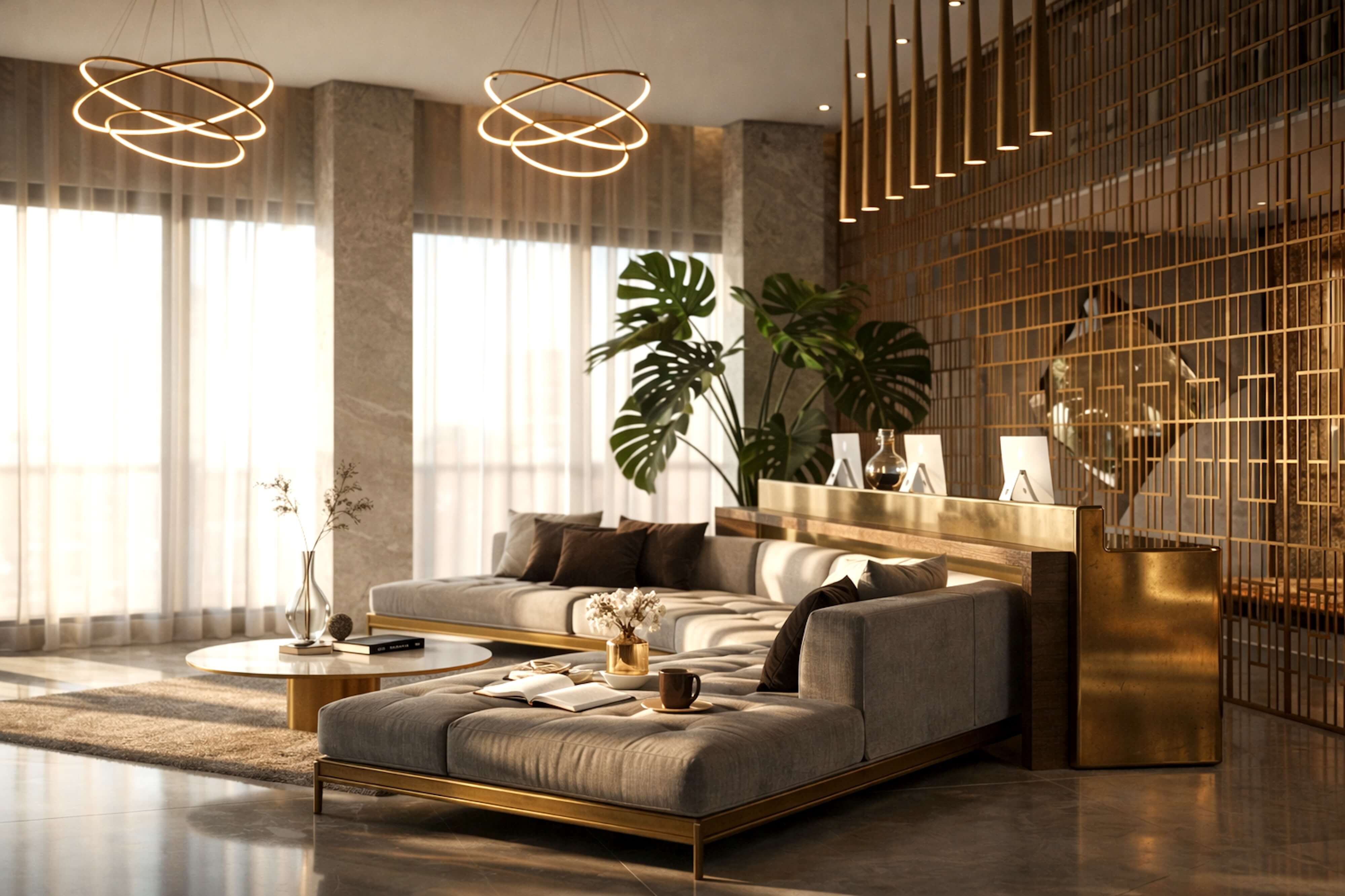 Luxury modern lounge featuring clean lines, designer lounge chairs, sculptural light fixtures, marble accents, and a refined seating area in warm neutral colors.