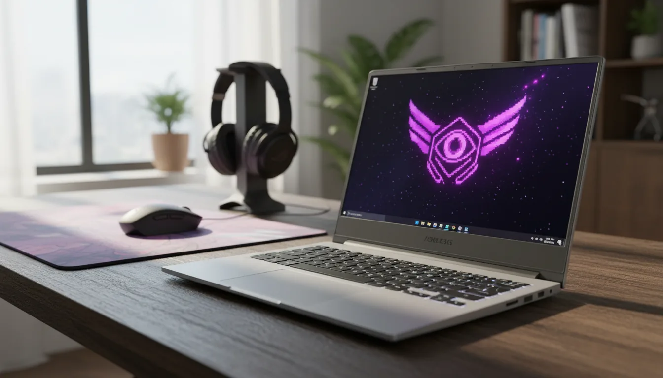 DSLR photograph of a modern, slim, silver ASUS ROG gaming laptop on a dark wood grain desk, angled shot. The screen is on, displaying a vibrant, pixelated wallpaper with a stylized gaming logo in glowing purple and magenta. The scene is illuminated by soft, natural daylight. Shallow depth of field with the laptop in sharp focus and a soft bokeh background.
