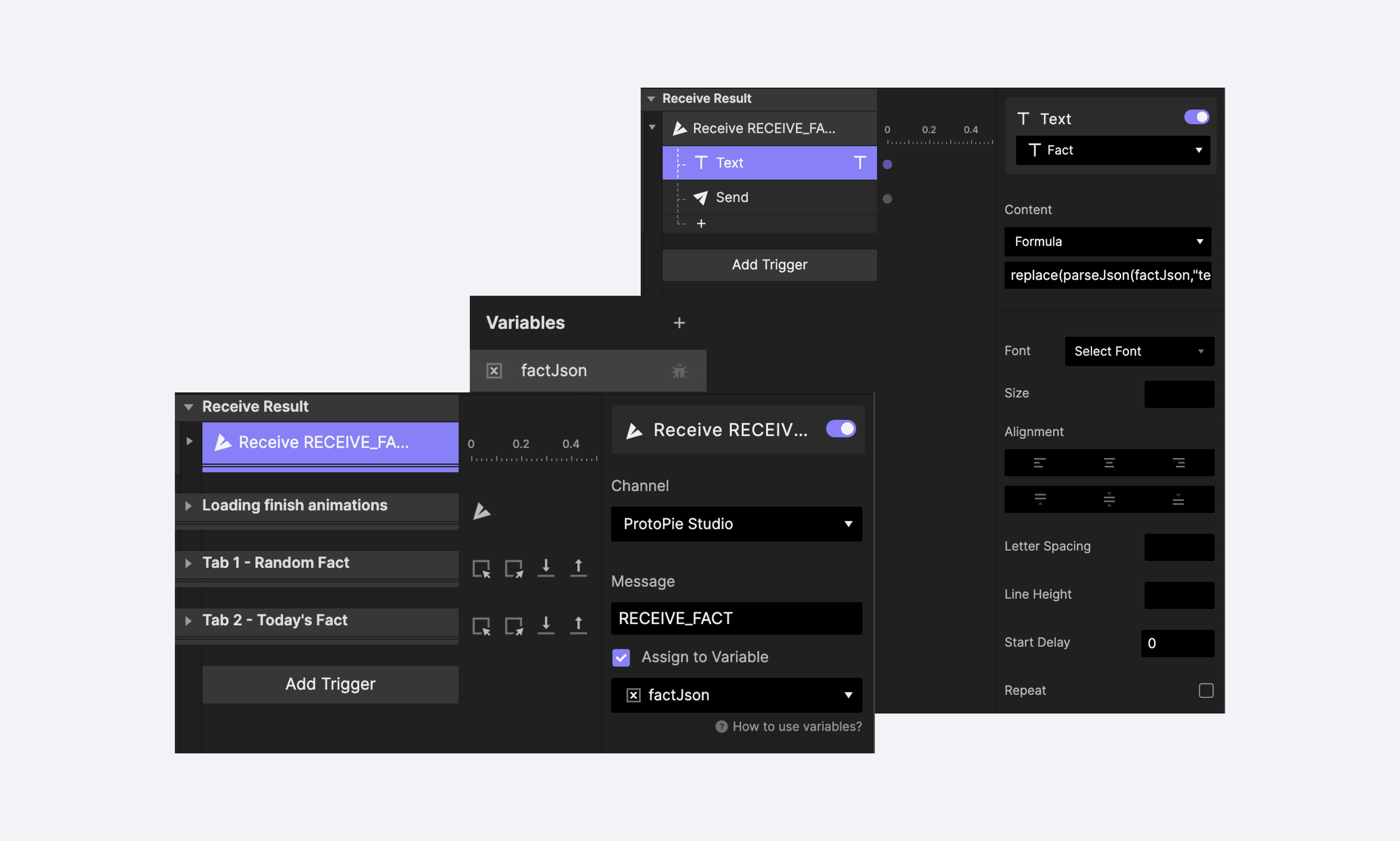{'_type': 'localeString', 'en': 'setting up the receive trigger and text response to receive data from APIs in ProtoPie'}