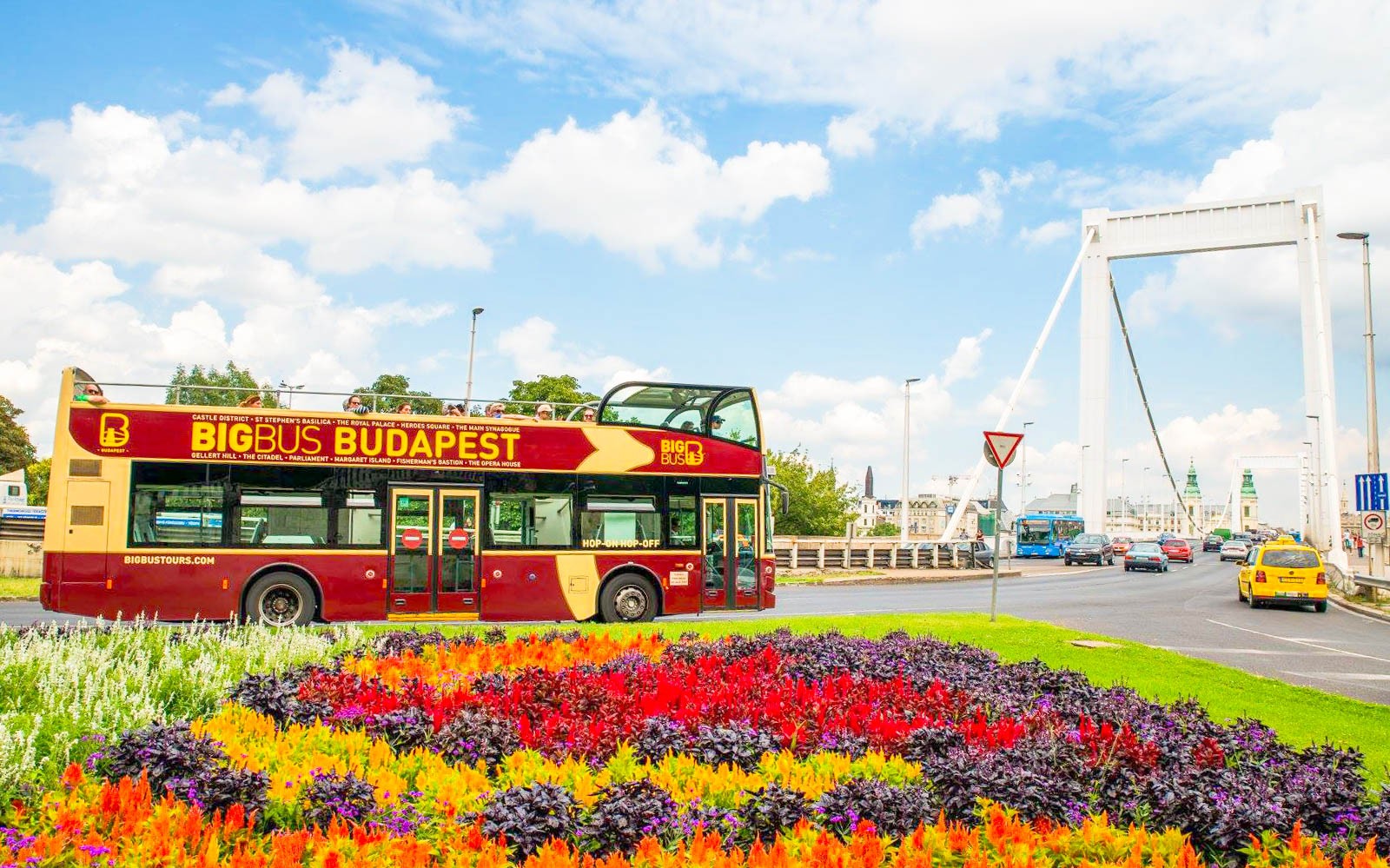 Budapest Big Bus sem fer hjá litríkum blómum nærri brú.