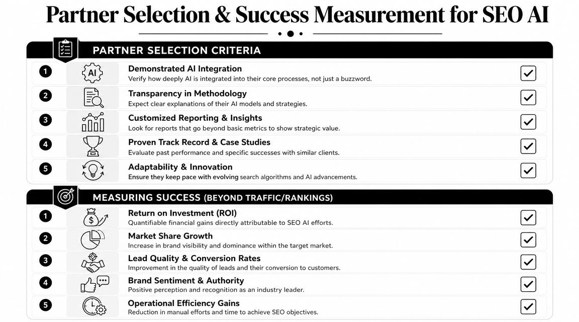 A checklist infographic detailing criteria for choosing an SEO AI agency and measuring their campaign success.