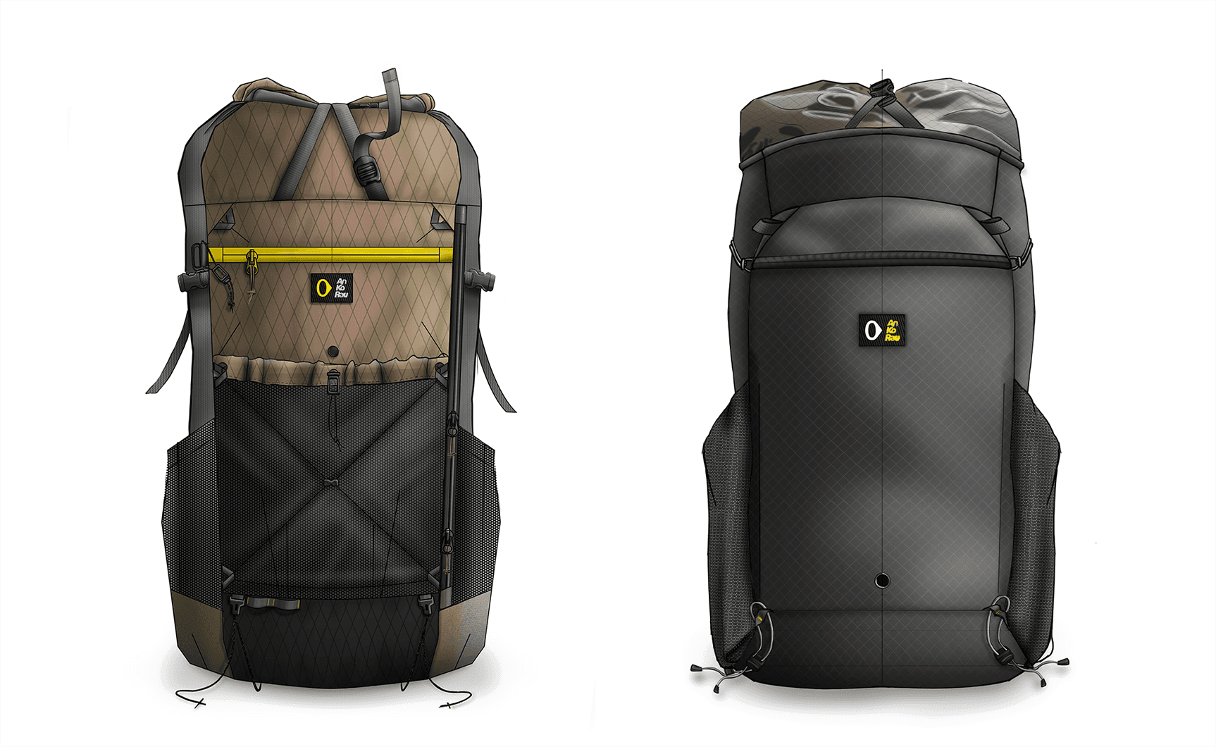 Conceptual industrial design sketch for the AN KO RAU backpack, highlighting features like the back frame.