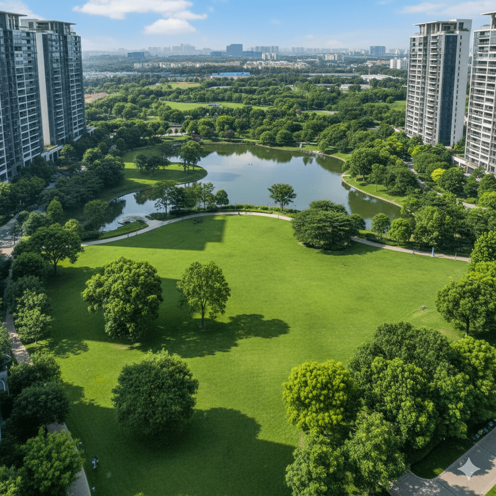 Aerial view of vast green park and lake at Smart World Select apartments, Sector 113, Gurugram