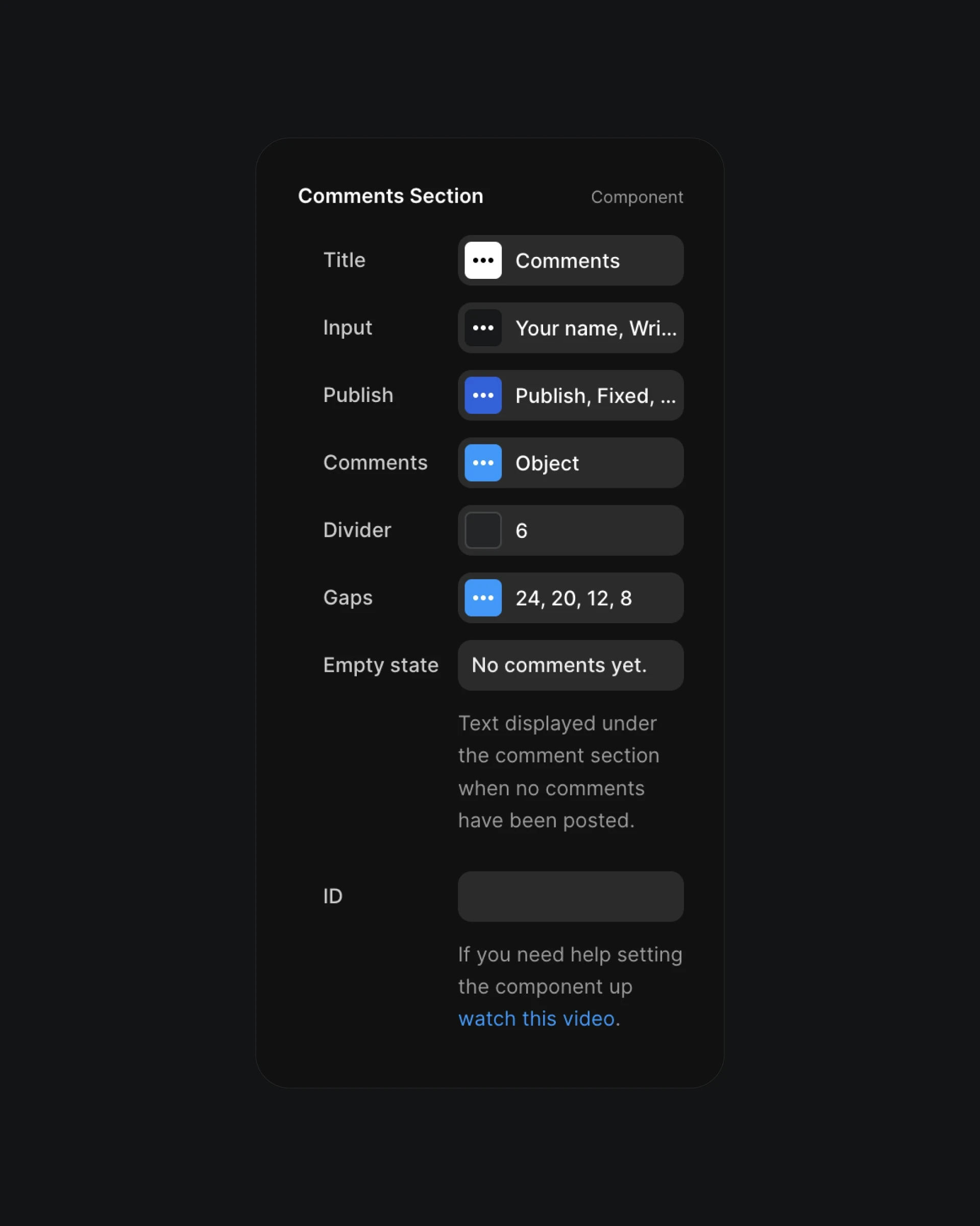 Comments section component settings with title, input, publish, and styling options