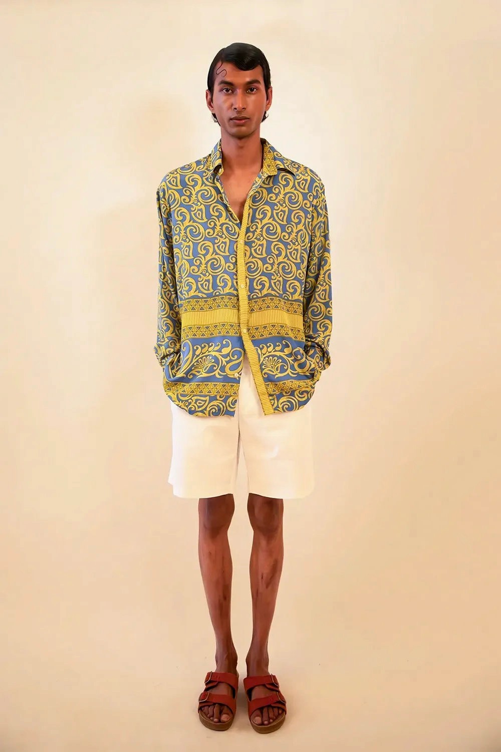 Lavya is our one-of-a-kind baroque-printed silk shirt, handcrafted by skilled artisans in-house using a vintage silk sari. 
