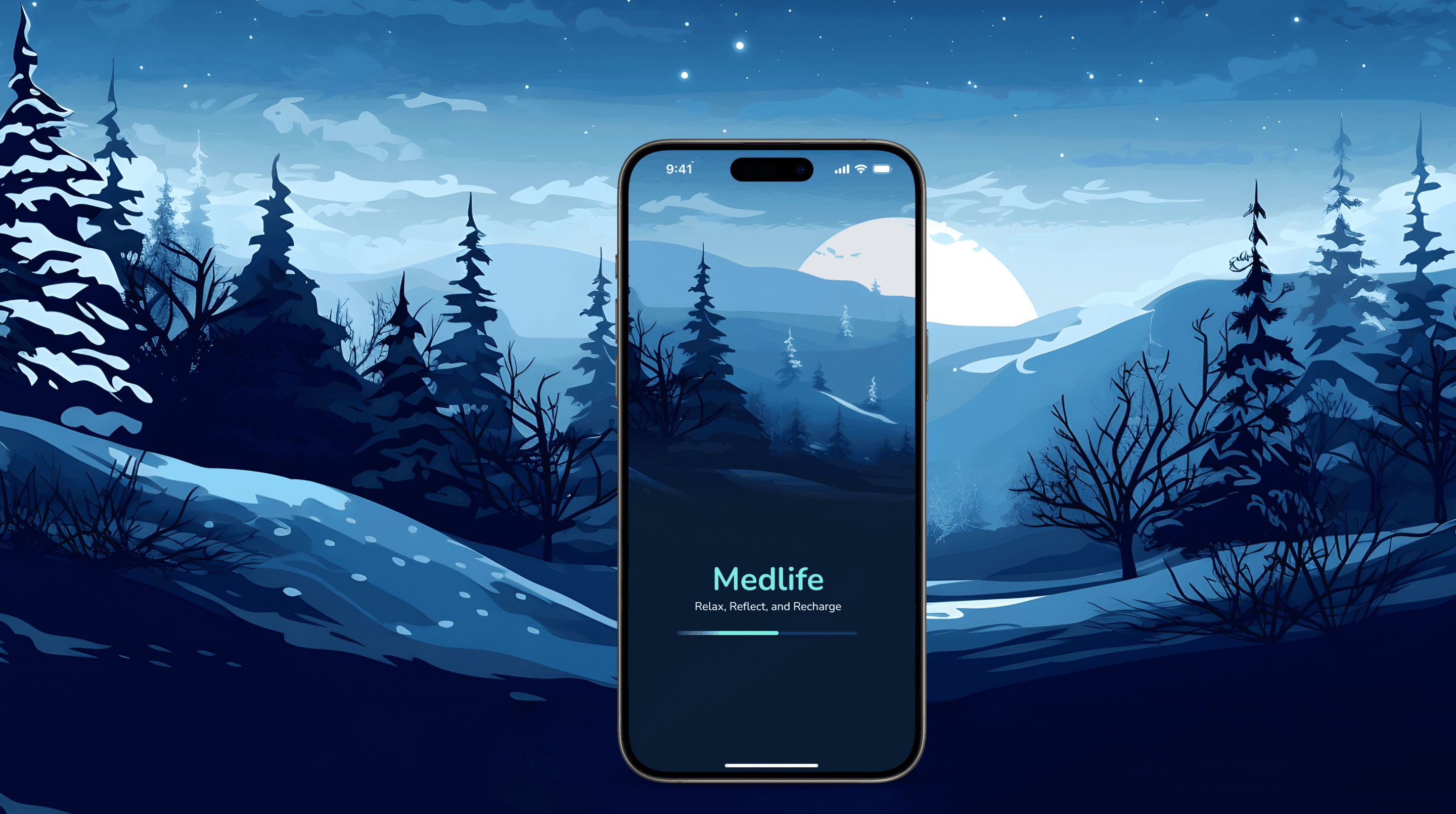 Smartphone with Medlife app screen, set against a blue winter landscape illustration.