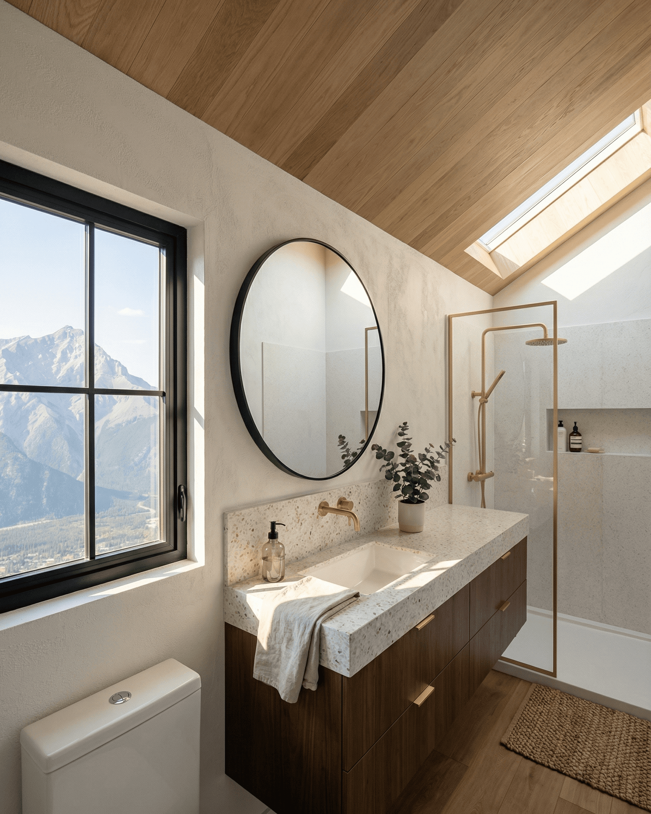 Contemporary cabin bathroom with walnut vanity, terrazzo countertop, round black mirror, brass fixtures, skylight, and mountain view window.