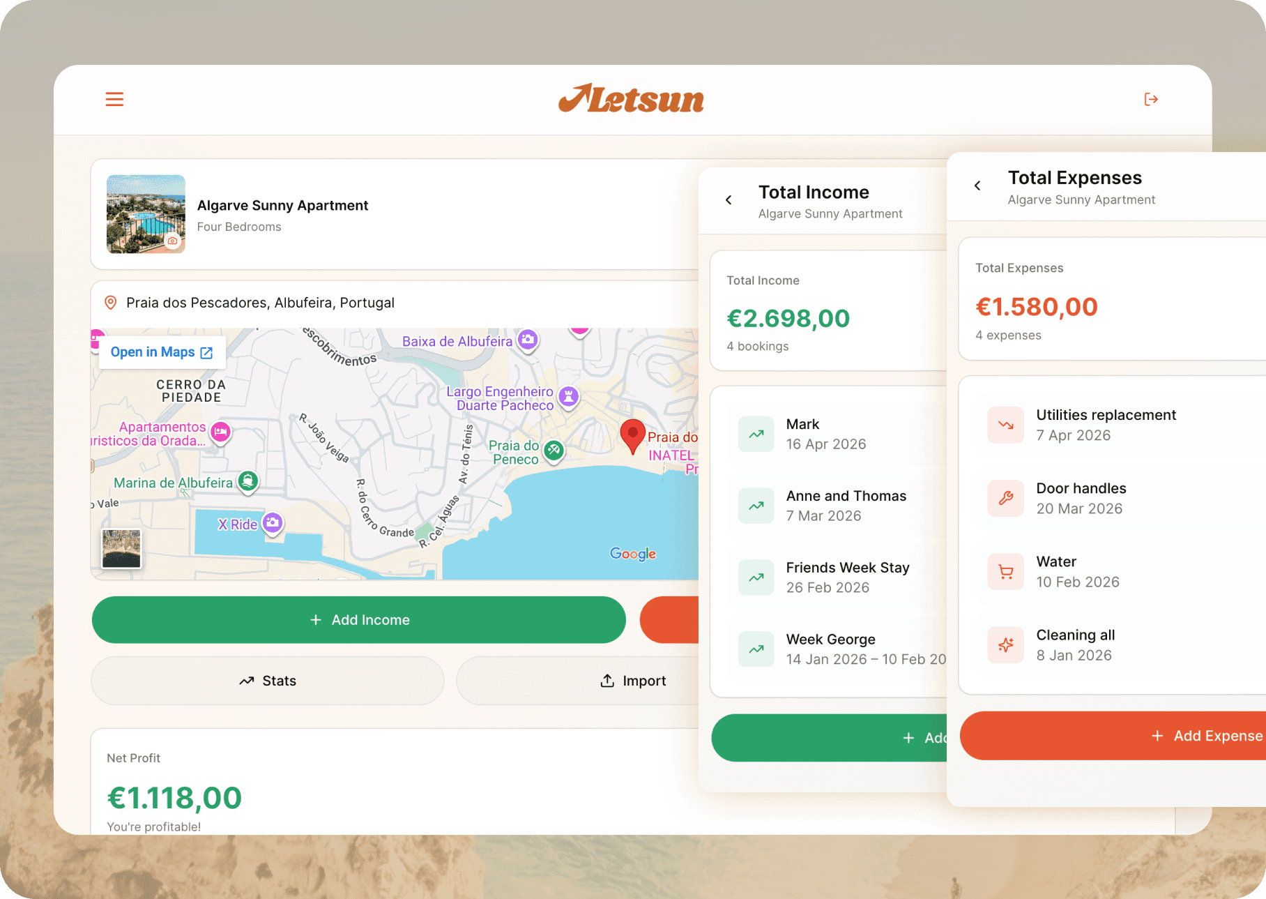 Letsun rental property management app dashboard for tracking Airbnb income, expenses, bookings, revenue trends and profit for short term rental hosts.