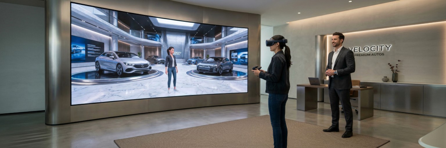 Virtual showroom experience — person wearing VR headset exploring an interactive 3D car showroom with digital twin visualization — Penguincil Design
