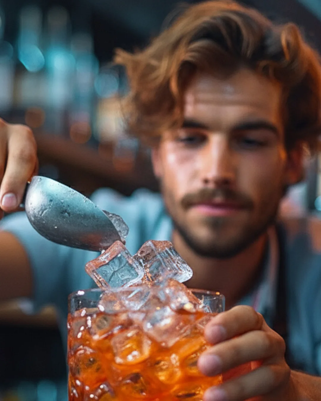 AI photography bartender making cocktail sequence, mixology steps, cinematic bar lighting, commercial beverage campaign imagery