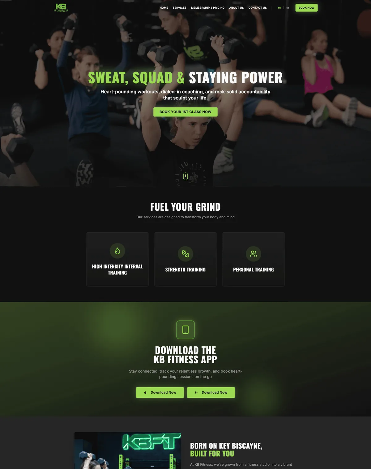 Fitness gym website with a Sweat, Squad and Staying Power hero, full-page design