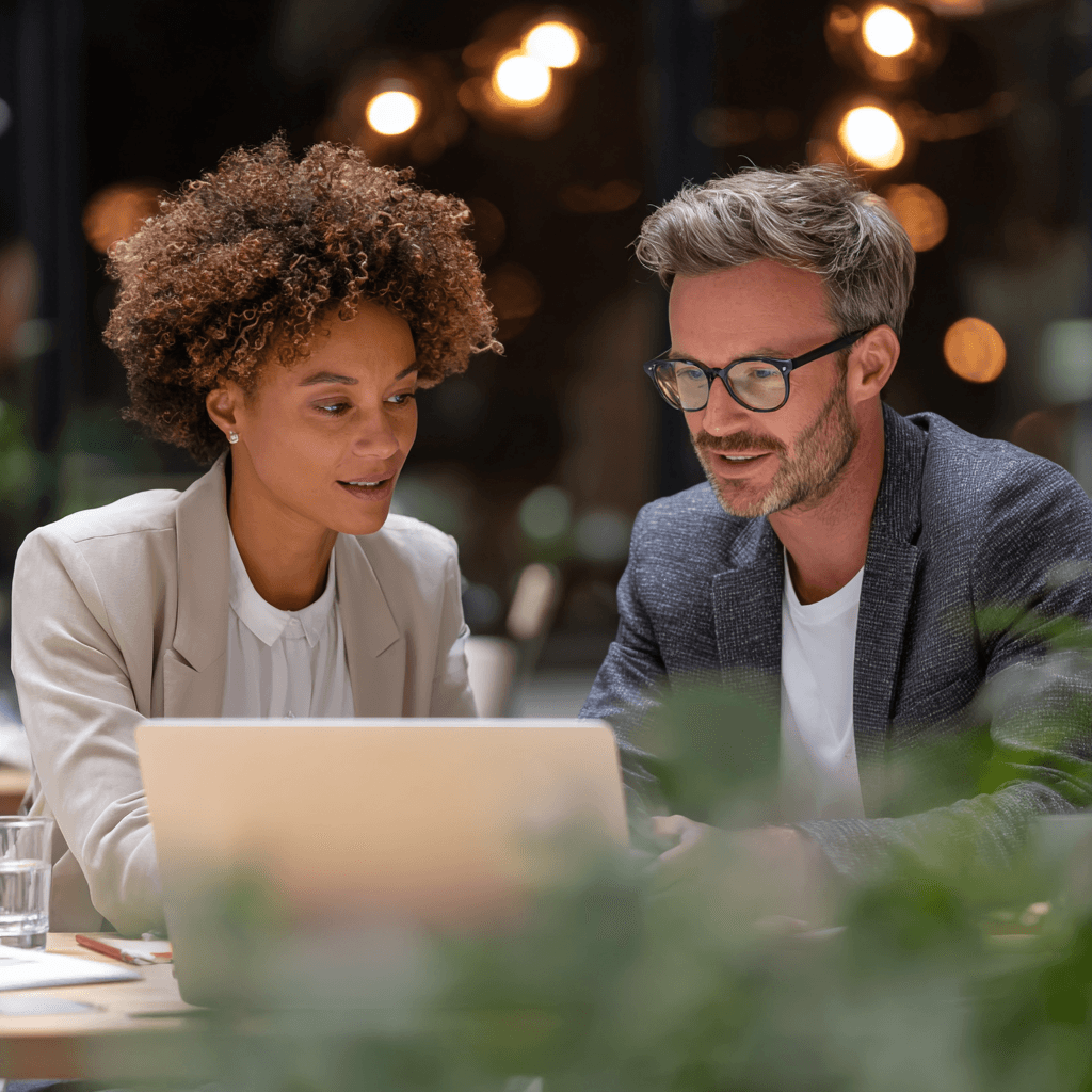 Corporate Man and Woman collaborating on a laptop