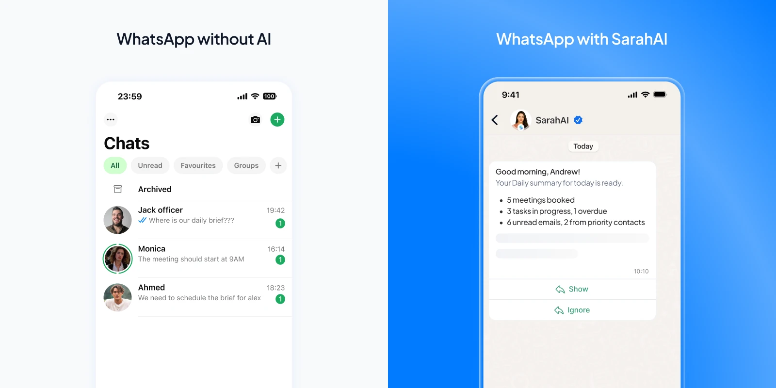 Split screen showing chaotic WhatsApp inbox vs. structured SarahAI-powered WhatsApp workflow with morning brief