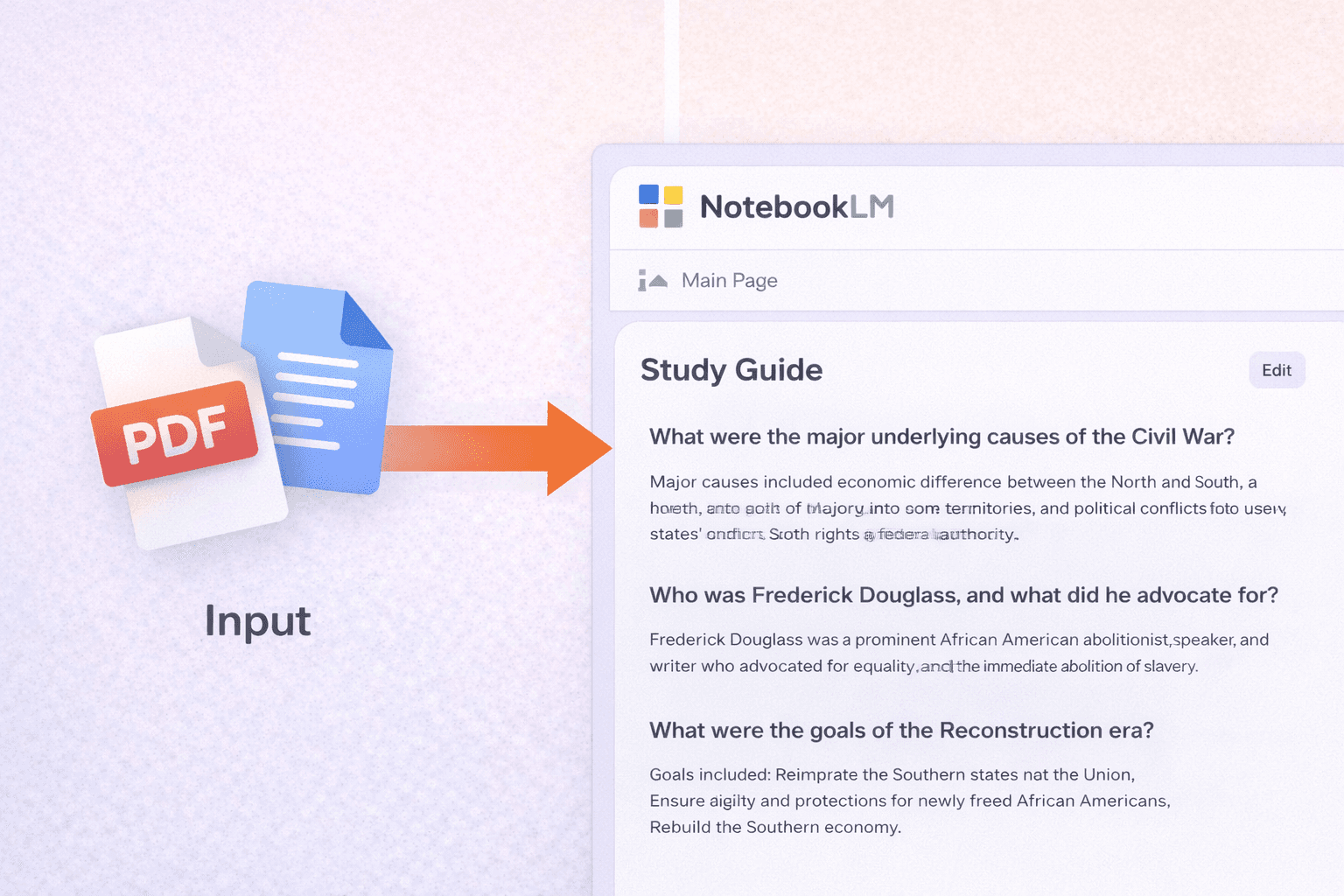 illustration of PDF and Google Doc files flow into NotebookLM, showing Input to Study Guide output with AI-generated notes and questions.