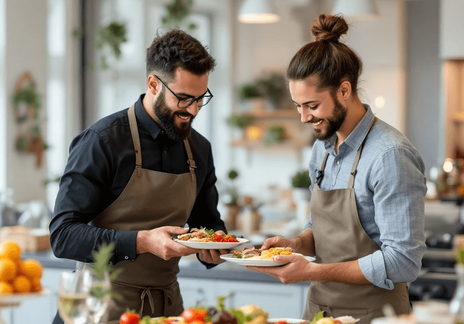 Two men in aprons are carefully carrying plates of food.