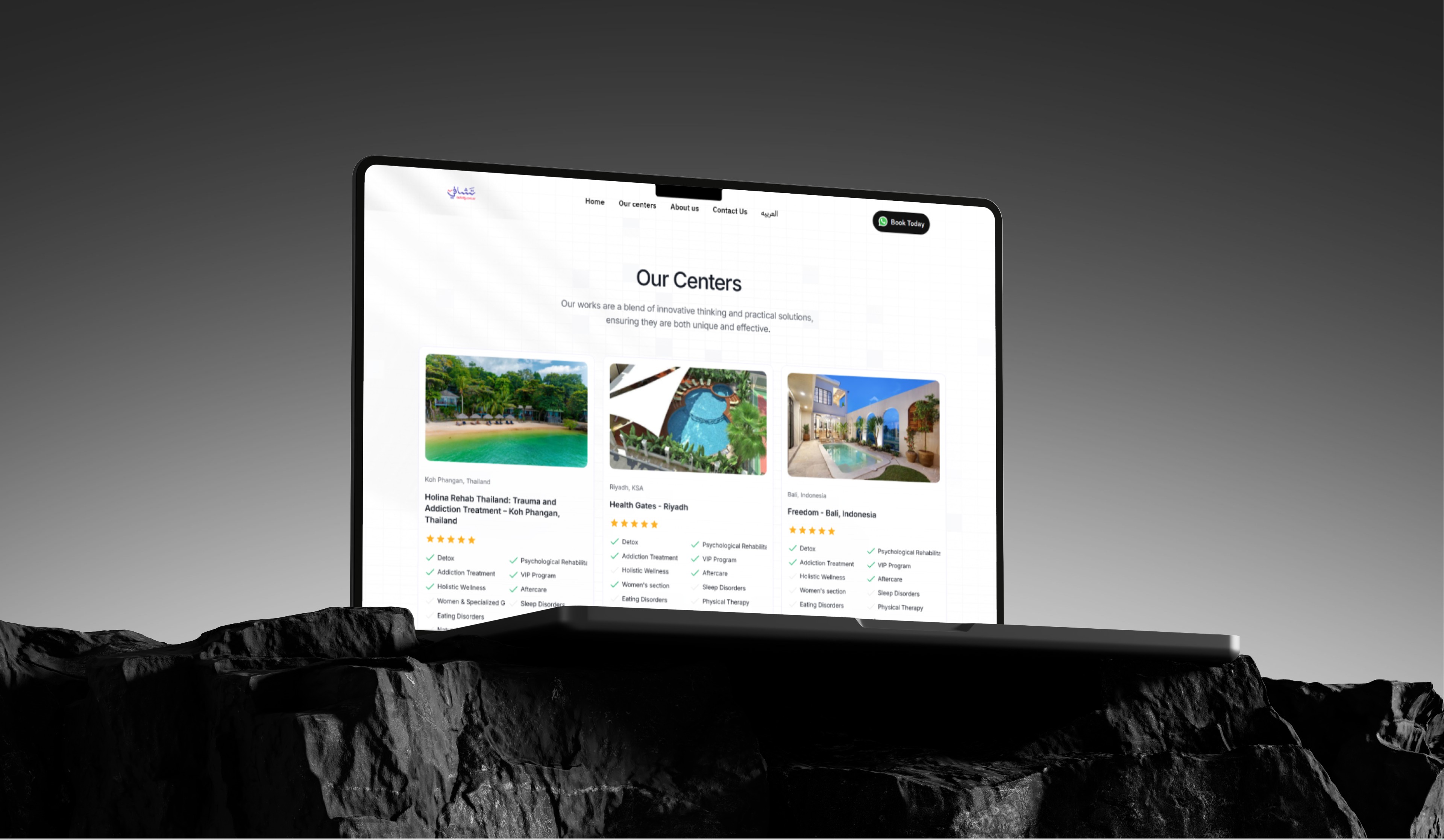 Laptop displaying website showcasing various resorts and spas with photos and ratings.