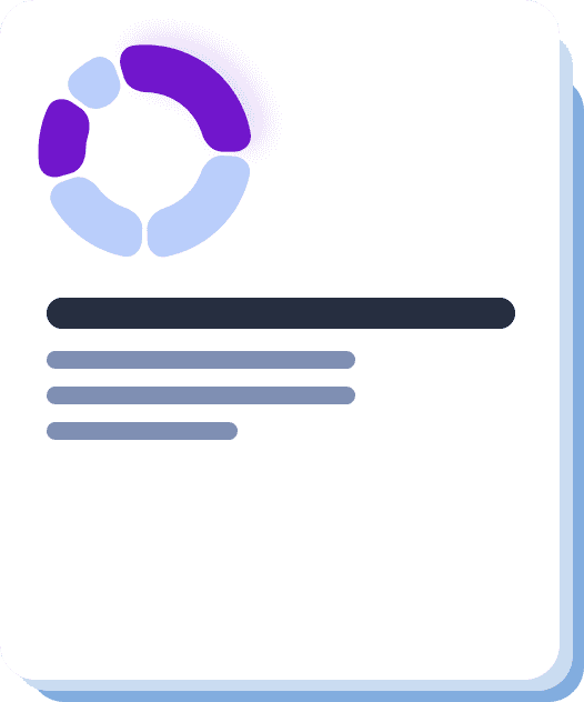 A stylized document icon features a circular progress chart in purple and blue at the top, with bold horizontal lines suggesting text below, set against a clean white background.