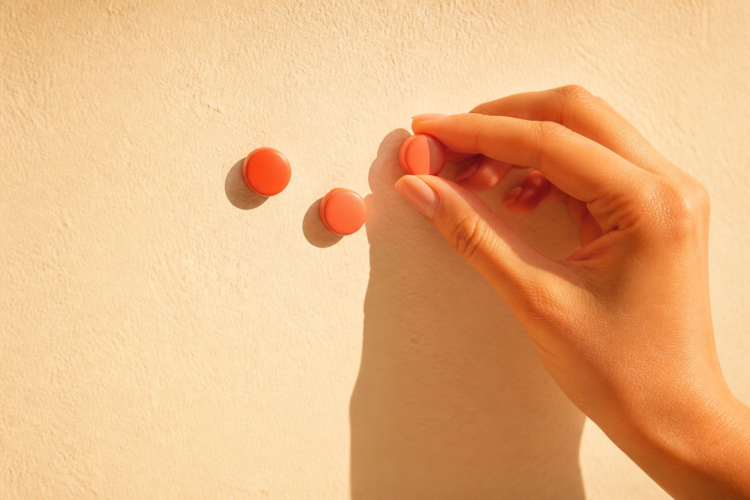 A hand pinning a small coral marker onto a cream wall beside two existing markers