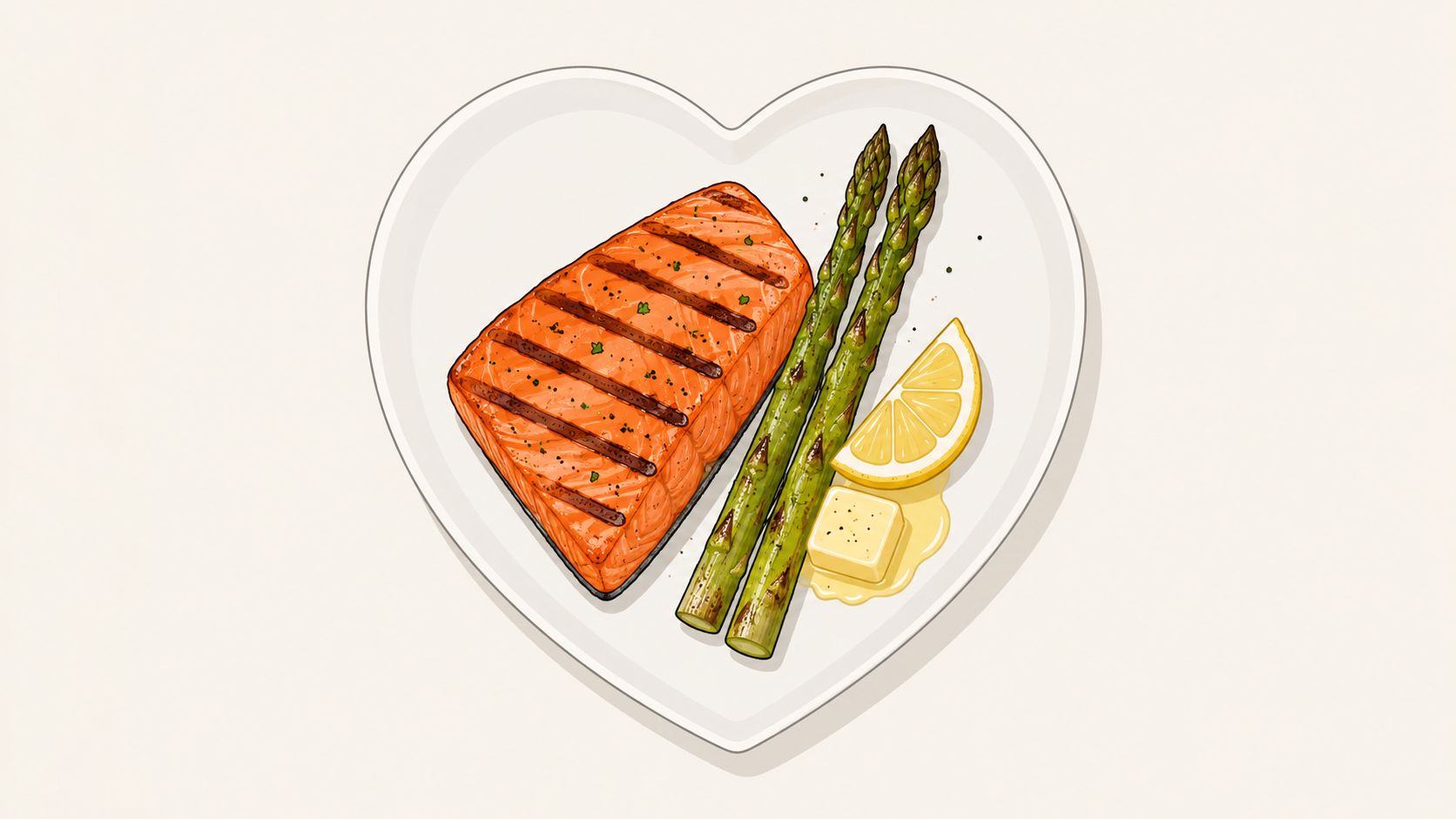 Carb friendly meals grilled salmon + grilled salmon fillet with asparagus spears, a lemon wedge, and butter served on a heart-shaped plate.