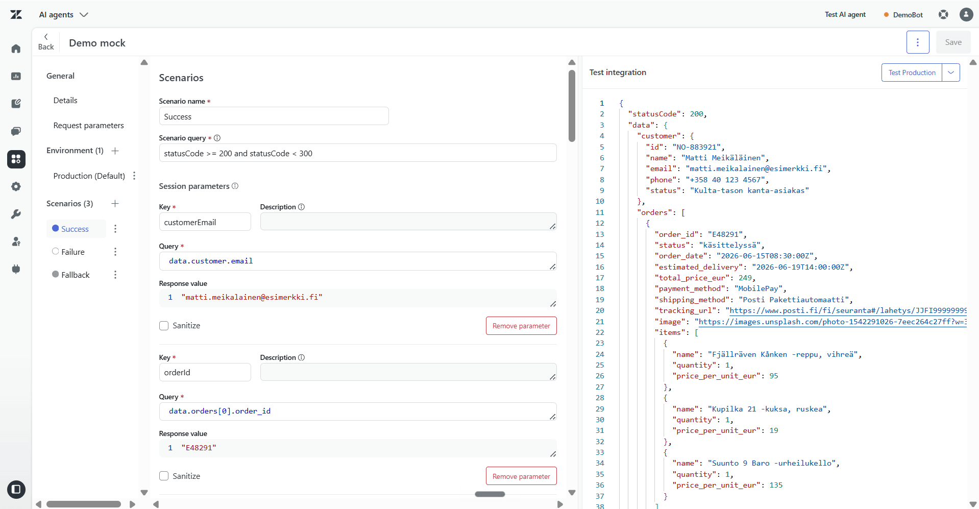 Kuvakaappaus Zendeskin Integration Builder -työkalusta, jossa määritetään integraatioskenaarioiden (Success, Failure) session parametrit ja testataan API-kutsua.