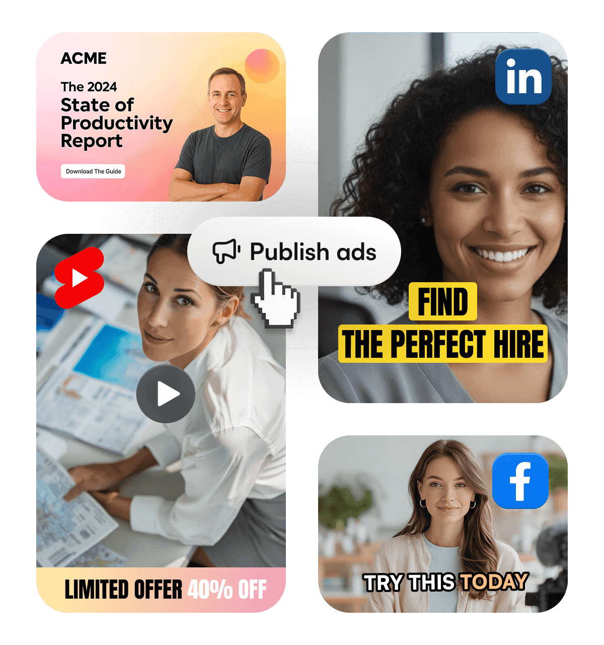 Collage of four video ad creatives showing the "Publish ads" button, illustrating multi-platform export capability for LinkedIn, Instagram, TikTok, and Facebook.