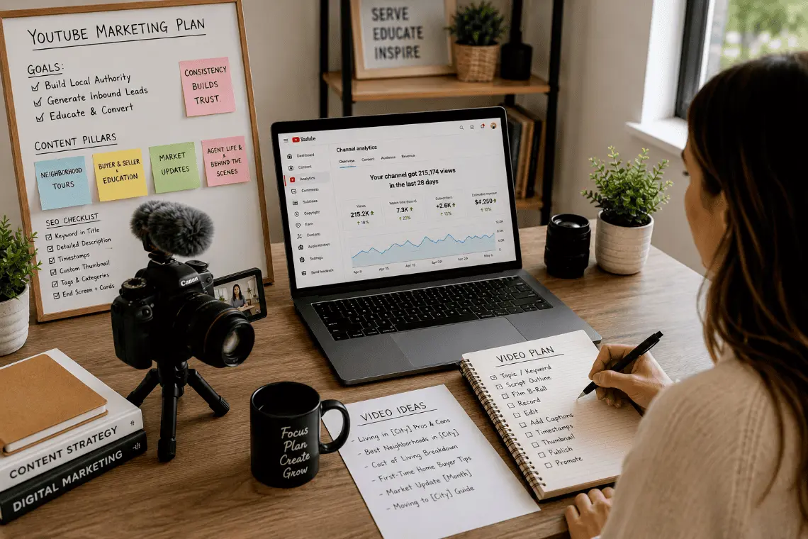 A real estate agent planning a video marketing strategy using a camera and a laptop displaying channel analytics.