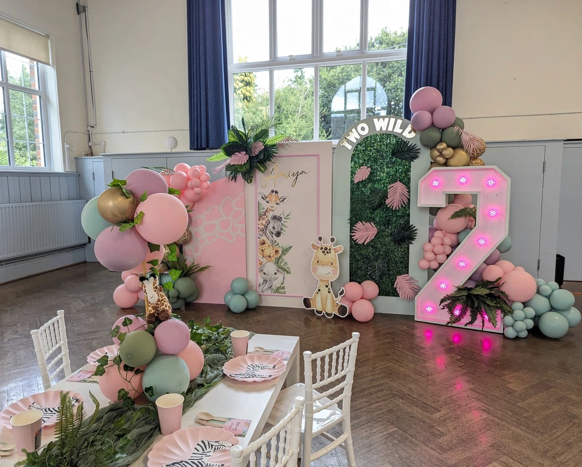 Colorful balloon installation for a kids’ party setup
