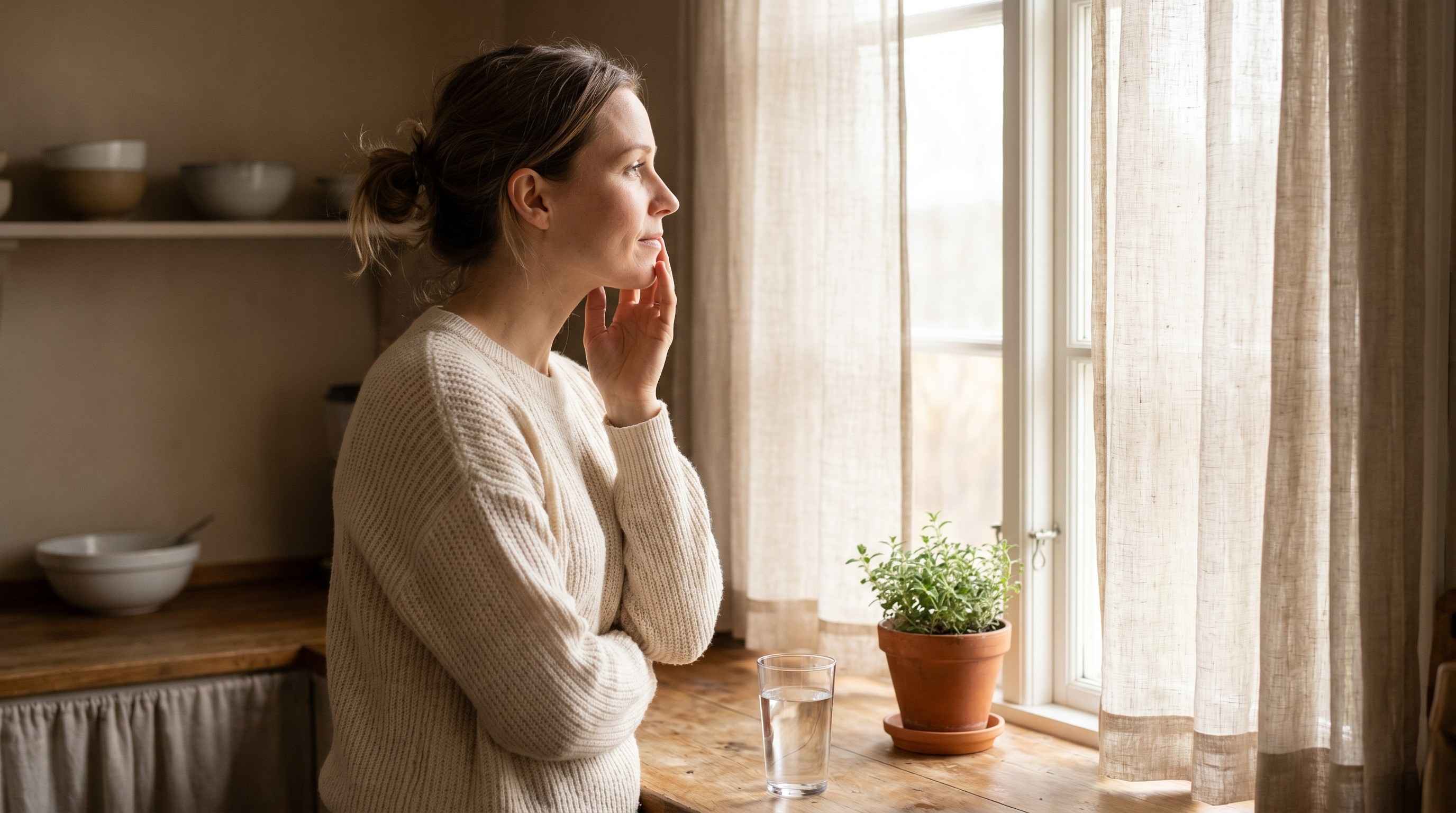Woman by a sunlit kitchen window touching her cheek with a thoughtful expression
