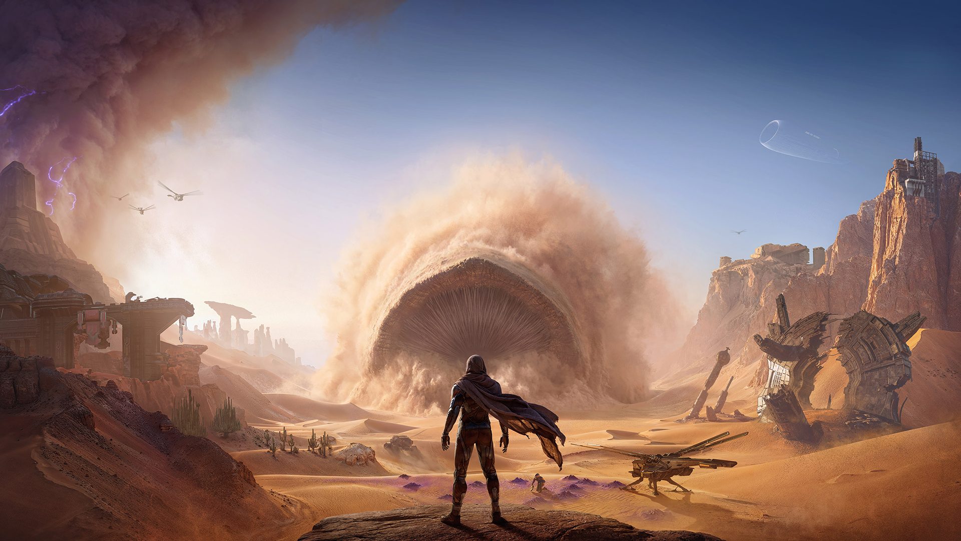 A lone figure facing a giant sandworm on Arrakis in Dune: Awakening artwork