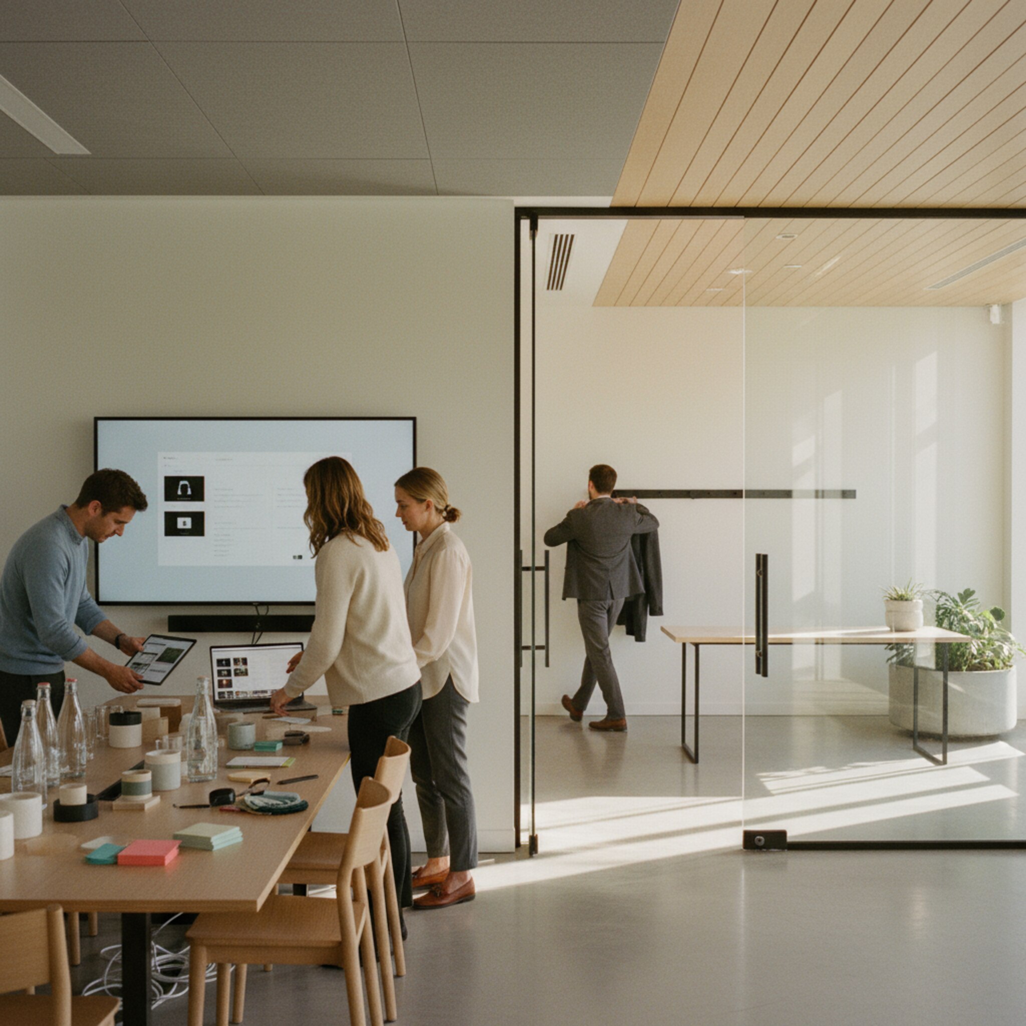 In einem gläsernen Besprechungsraum richtet eine Creative Director die letzten Folien für einen Pitch aus, während Kolleginnen den Tisch mit Prototypen und Mockups arrangieren. Wasserflaschen und Notizkarten stehen bereit. Durch die Tür sieht man die Agentur-Lobby, in der ein Besucher seine Jacke ablegt. Alles wirkt geordnet und professionell vorbereitet.