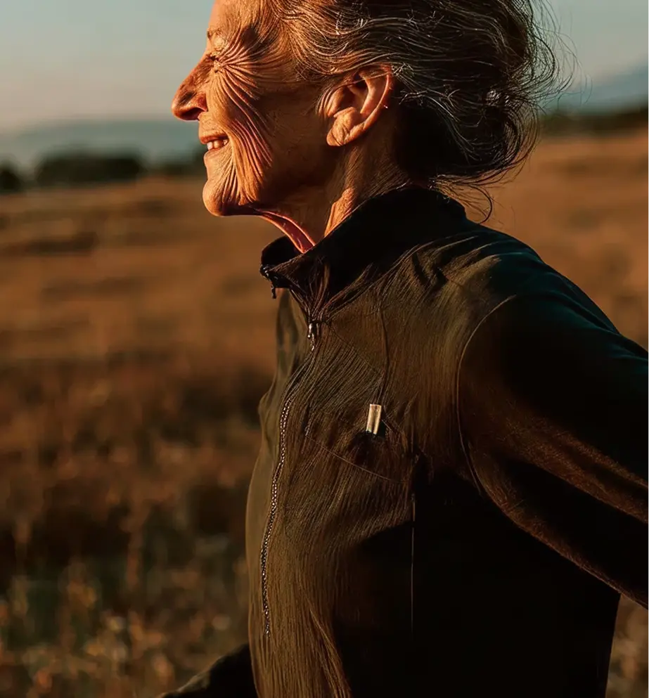 Older woman jogging outdoors in golden-hour light, wearing a dark athletic jacket, smiling as she runs through an open landscape.