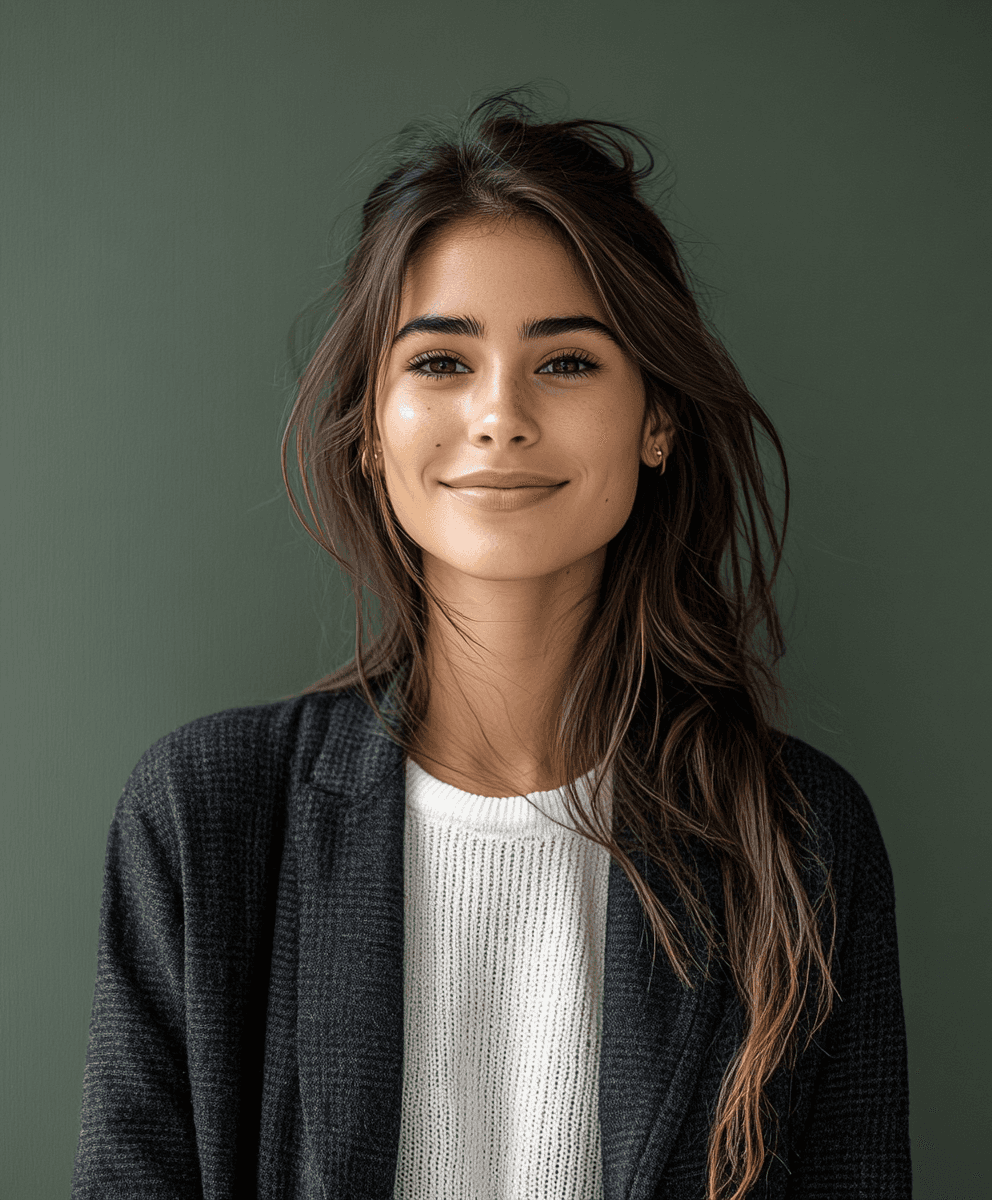 A young woman with long brown hair smiles warmly against a green background, dressed in a black jacket and white shirt.