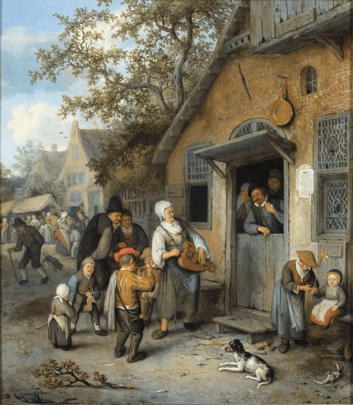 A rustic scene depicting villagers, children, and animals in front of a simple farmhouse surrounded by nature.
