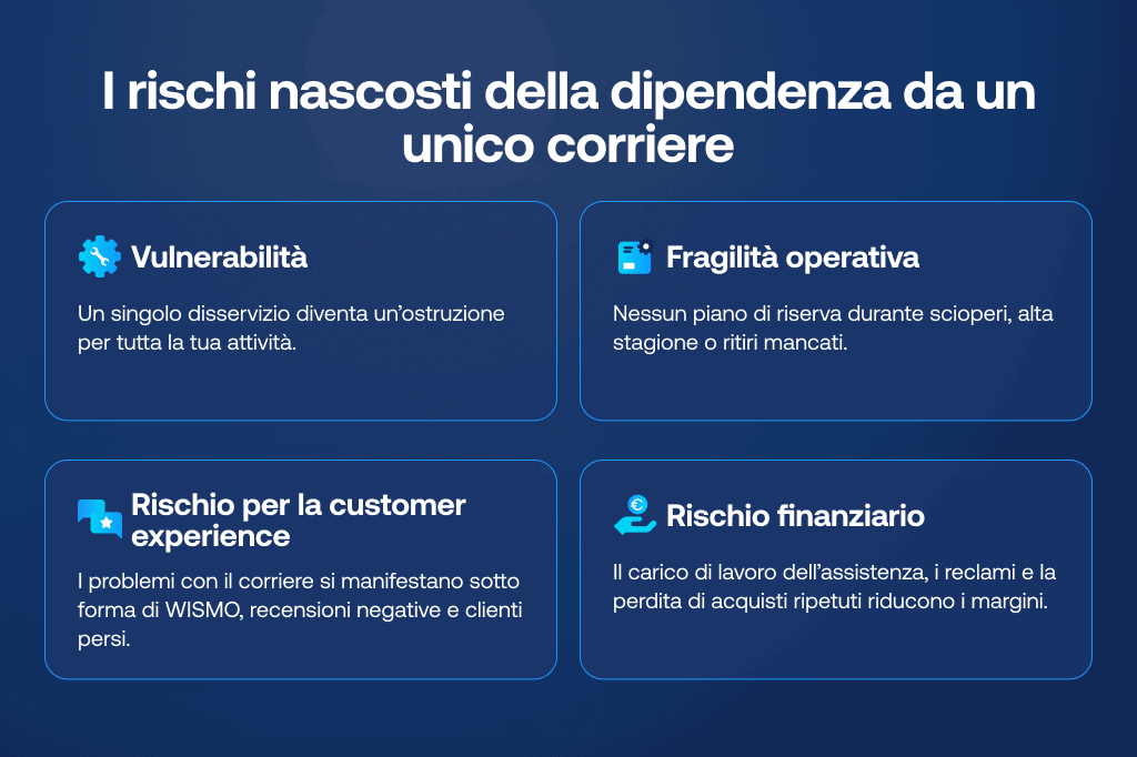 Grafico che mostra i rischi nascosti della dipendenza da un unico corriere, inclusi la vulnerabilità in caso di disservizi, la fragilità operativa, i rischi per la customer experience e i rischi finanziari.