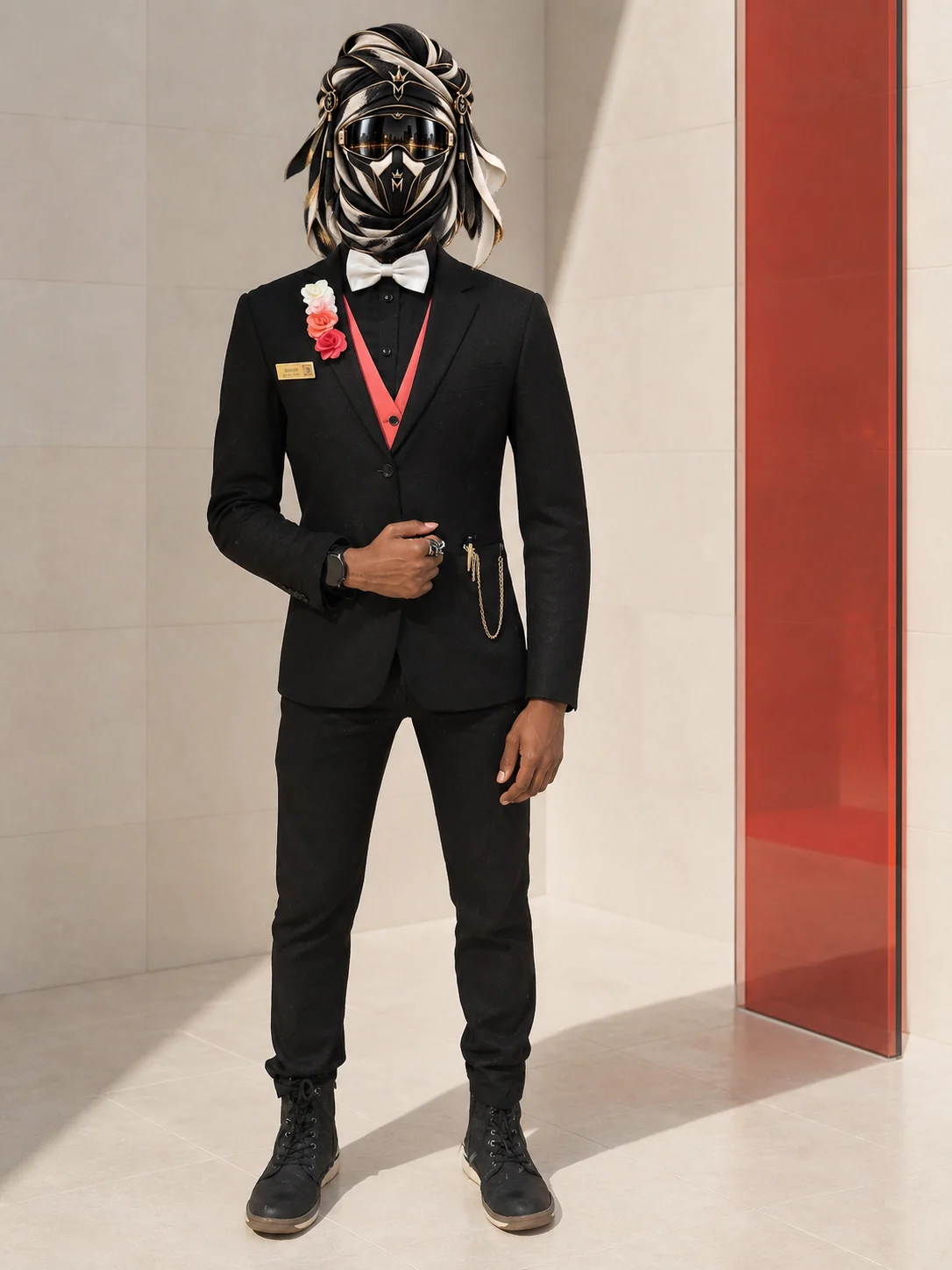 Full-length view of Red Lapels and Roses, a black suit with red lapels and floral accents, with the official Marzelest face covering.